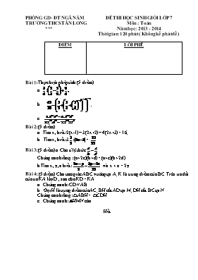 Đề thi học sinh giỏi lớp 7 môn Toán năm học 2013 - 2014 Trường Thcs Tân Long